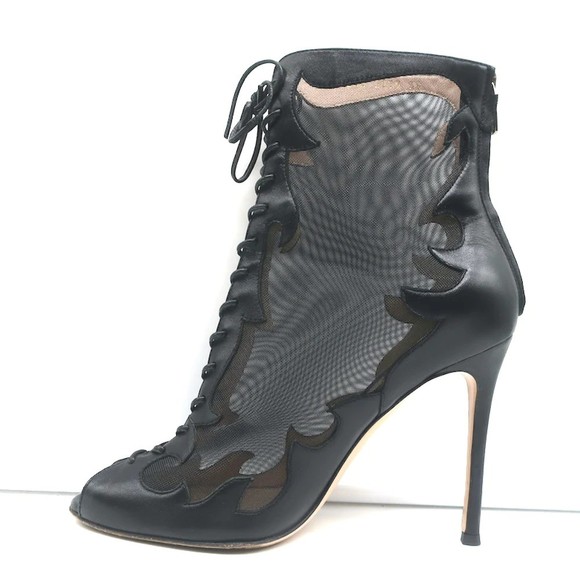 Gianvito Rossi Peep Toe Lace-Up Boots Black Leather & Mesh Size 38 - Picture 7 of 12
